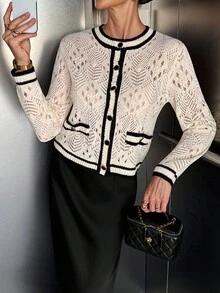 Siren Gaze Áo khoác cardigan tay dài khoét nút cài phía trước họa tiết tương phản dành cho nữ vào mùa thu/đông - Màu be - Xem 2