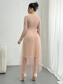 DAZY Vestido de mujer de cuello alto y longitud media con patchwork, vestido de punto de otoño - Caqui - Ver 2