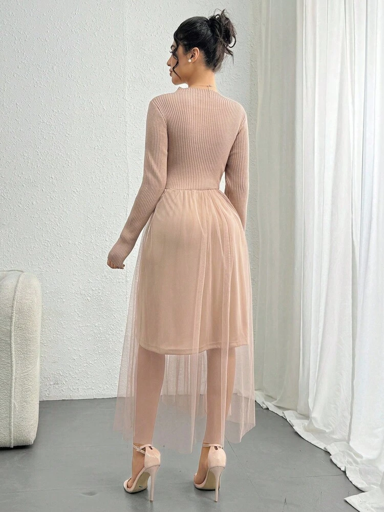 Women's Patchwork Stand Collar Mid-Length Dress, Autumn Sweater Dress