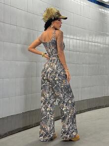 StreetHx Women's Branch Print Loose Jumpsuit - Army Green - View 2