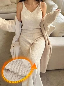 DAZY 3 件套女士简约针织纯色长外套、背心和裤子家居服套装，冬季、秋季衣服睡衣，舒适服装 - 杏色 - 查看 3