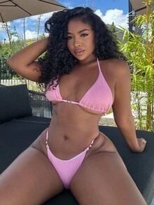Alexandranx Bikini de 2 piezas para mujer con top de cuello de halter y Bottom con lazo en la espalda, color rosa - Rosa - Ver 4