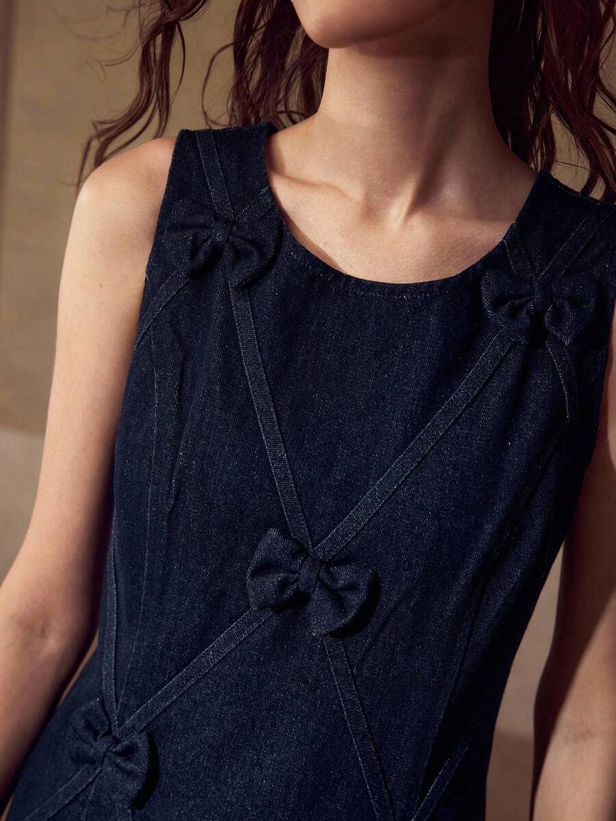 MOTF STUDIO BOW DETAIL ZIPPER DENIM DRESS