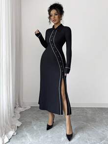 Chiquease Women's Elegant Black And White Asymmetrical Placket Knitted Shirt Collar Long Sleeve Fitted Split Hem Midi Dress For Autumn Office Wedding Guest - Black - View 8