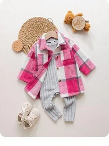 SHEIN Babygirl Plaid Woolen Jacket & Knitted Gray Long Sleeve Jumpsuit Set, Autumn/Winter Fall - Multicolor - View 6