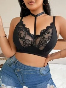 SHEIN Plus Size Lace Patchwork Wireless Bra - Black - View 3