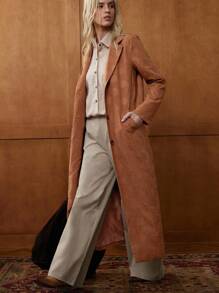 Écloséra 复古休闲日常宽松棕色仿麂皮压花波点压花无弹力中长款秋冬新款时尚风衣 - 鏽棕色 - 查看 5