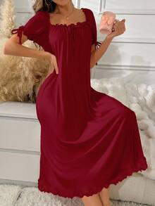 Solid Color Ruffle Trim Loose Square Neck Long Nightgown Babydoll Holiday Season, Moo Moo - Burgundy - View 5