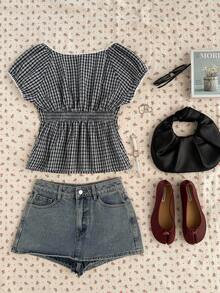 CovetEZ 女士黑白格纹编织鸡心领口衬衫，短袖