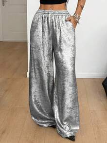 Coolane Women's All-Season  Streetwear  Grunge  Y2K  Rave Outfit  Sparkly  Elastic Waistband Silvery Curved Hem Pants