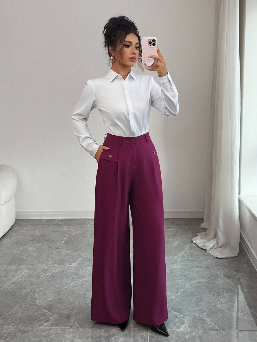 Elenzga Women's Burgundy Drapey Fabric Belted High Waist Elegant Loose Straight Leg Palazzo Pants, Professional Formal Trousers Fall Cloth For Women - Burgundy - View 1