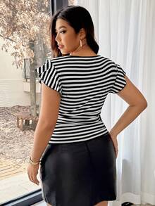 Vionelle Plus Size Women Cap Sleeve Fitted Striped Knit T-Shirt - Black and White - View 2