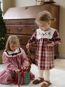 SHEIN Babygirl Baby GirlAutumn Embroidered Big Collar Long Sleeve Fashionable Checkered Dress, Suitable For Camping Or Attending Friends' Birthday Parties In Mild Autumn Weather - Brown - View 6