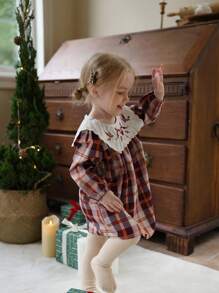 SHEIN Babygirl Baby GirlAutumn Embroidered Big Collar Long Sleeve Fashionable Checkered Dress, Suitable For Camping Or Attending Friends' Birthday Parties In Mild Autumn Weather - Brown - View 10