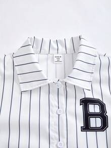 SHEIN Explorewe 1 件女童条纹字母和旗帜印花休闲衬衫，时尚街头服饰 - 白色 - 查看 4