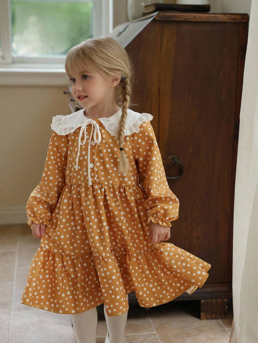 SHEIN 女童花卉印花连衣裙，彼得潘领，波尔卡圆点图案，百搭基本款休闲连衣裙，适合户外穿着，长袖，适合春秋冬 - 黃色 - 查看 1