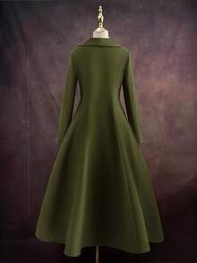 Sweetra 大码优雅外出上衣，秋冬复古百搭休闲修身优雅棕绿色长款喇叭外套，收腰设计，适合女性穿着。 - 軍綠色 - 查看 2