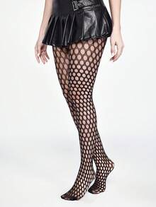 ROMWE Goth 1 Pair Women's Colorful Dopamine Ripped Fishnet Socks, Punk Style, All Season - Black - View 3