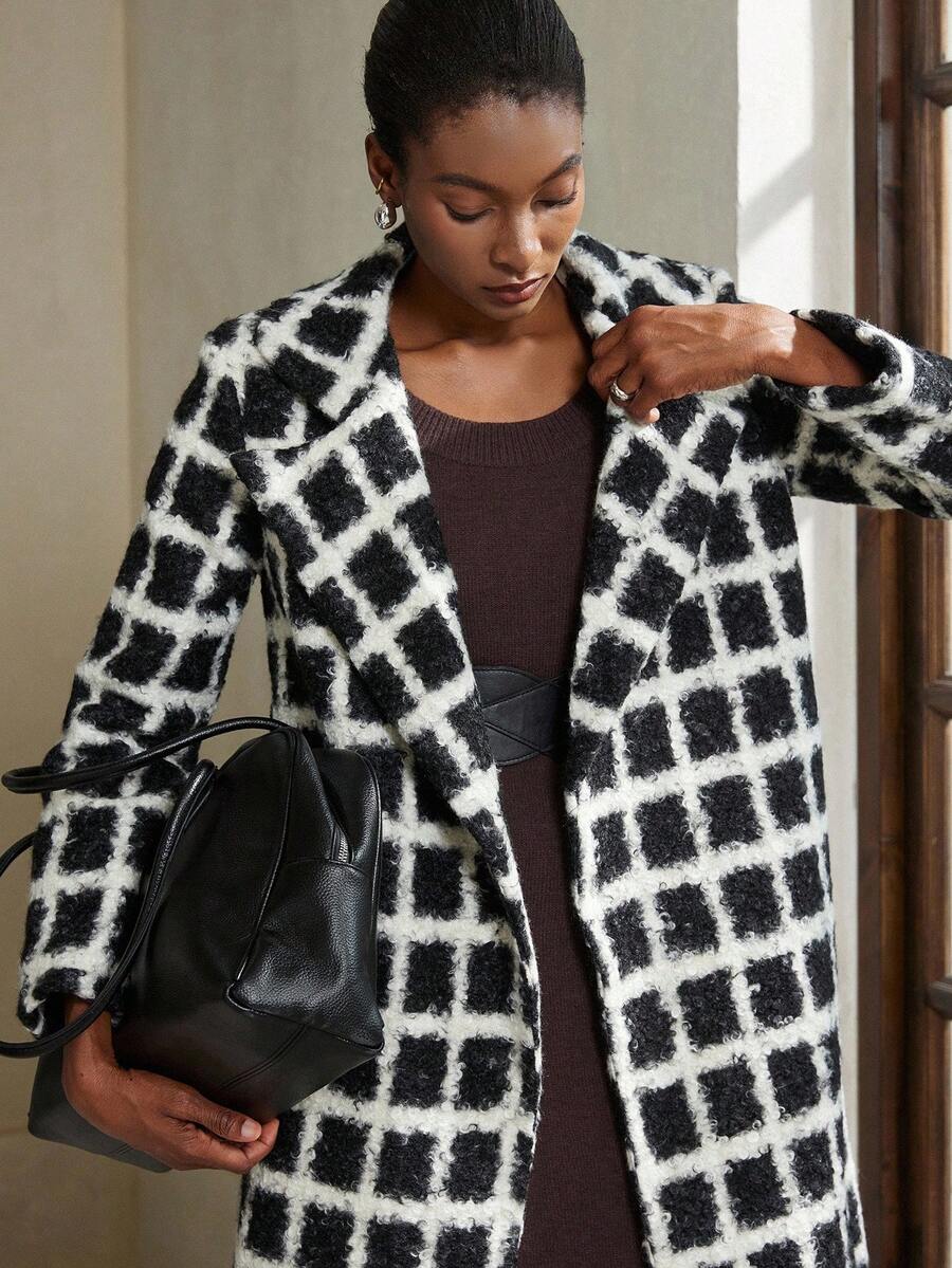 Aveloria Modichic Fashionable & Elegant Loose Plaid Woolen Coat, British Style Runway Look, Women Autumn/Winter Jacket - Black and White - View 1