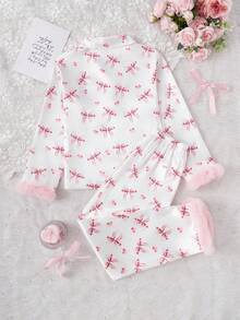 2pcs Girls Cute Bowknot Floral Print Soft Flannel Cardigan Long Sleeve Pants Pajama Set Fall Winter - Multicolor - View 2