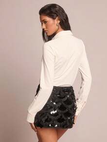 Glamine Damen elegantes Pendler-Outfit aus einfarbiger Bluse und Pailletten-Rock, 2-teiliges Set