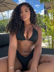 Alexandranx Bộ bikini ren cao cấp gợi cảm màu trơn cho nữ, đi nghỉ - màu đen - Xem 6