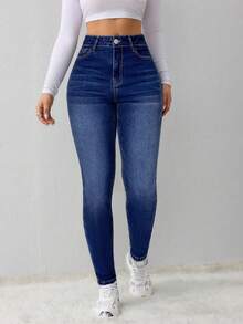 SHEIN Jeans skinny di base in denim blu scuro con fodera in pile elasticizzata per ragazze adolescenti