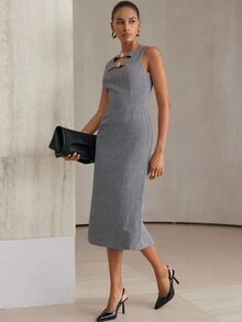 Aveloria Modichic Vestido Feminino de Moda com Estampa Espinha de Peixe, Decoração de Concha Metálica, Decote Vazado, Sem Mangas, Comprimento Até o Joelho - Cinza - Visão 6