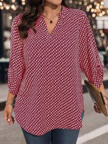 SHEIN Plus Size Casual Commuter All-Over Print Notch Collar Shirt - Burgundy - View 1
