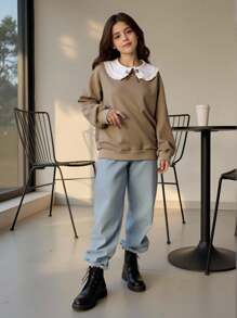 SHEIN Elladie kids 秋冬款少女可爱蝴蝶结彼得潘领羊毛卫衣