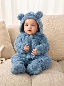 SHEIN 新生男婴/女婴可爱卡通图案蓬松连帽连脚裤，适合秋冬季室内外穿着