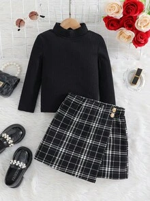 Emery Rose Kids Emery Rose Kids 女童可爱针织黑色长袖上衣和格子松紧腰短裤套装，休闲优雅的日常服装，秋冬 - 黑色 - 查看 4