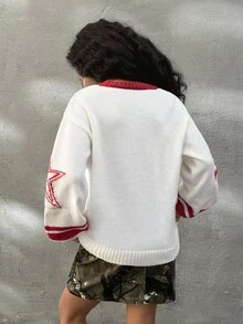 Coolane Kids 情人节 V 领黑白心形印花套头衫，适合青少年女孩的简约时尚休闲日常穿着 - 紅白色 - 查看 2