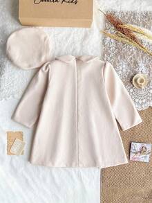 SHEIN 2 件套女童秋季连衣裙，长袖蝴蝶结装饰连衣裙和帽子 - 杏色 - 查看 2