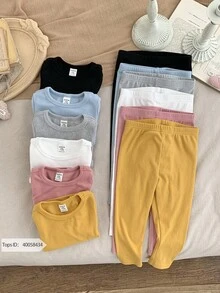 SHEIN LMoss Kids 6件套女婴可爱针织弹力腰纯色裤装（上衣和裤子分开出售），秋冬季