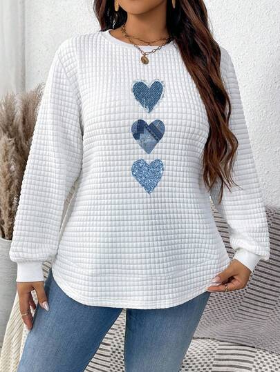 EMERY ROSE Early Autumn Versatile Vacation Minimalist Music Festival Back To School Casual Cute Blue Heart Graphic Print Plus Size Women Waffle Knit Crew Neck Long Sleeve Sweatshirt, Suitable For Early Autumn Transition, Autumn Women Clothing, Autumn Sweatshirt,Fall Clothes For Women Heart Long Sleeve Shirt Women Long Sleeve Tops,Spring