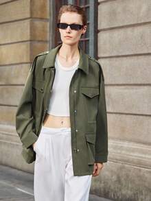 Lumivelle Business Casual Woman Fall Women Clothes Women's Solid Color Utility Pocket Drop Shoulder Cinched Waist Regular Jacket Casual Outfits Spring Clothes For University - Army Green - View 8