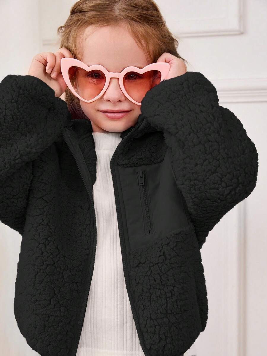 Cozy Pixies Young Girl Colorblock Hooded Thick Fleece Coat,In Fall/Winter - Black - View 1