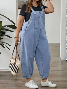 SHEIN CURVE+ Quần denim cạp rút dây thường ngày cỡ lớn - Màu xanh lam - Xem 3