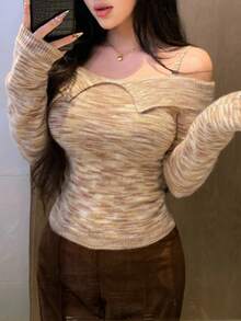 DAZY Women's Tie-Dye Tie Dye Off Shoulder Knit Sweater, Autumn/Winter - Yellow - View 2