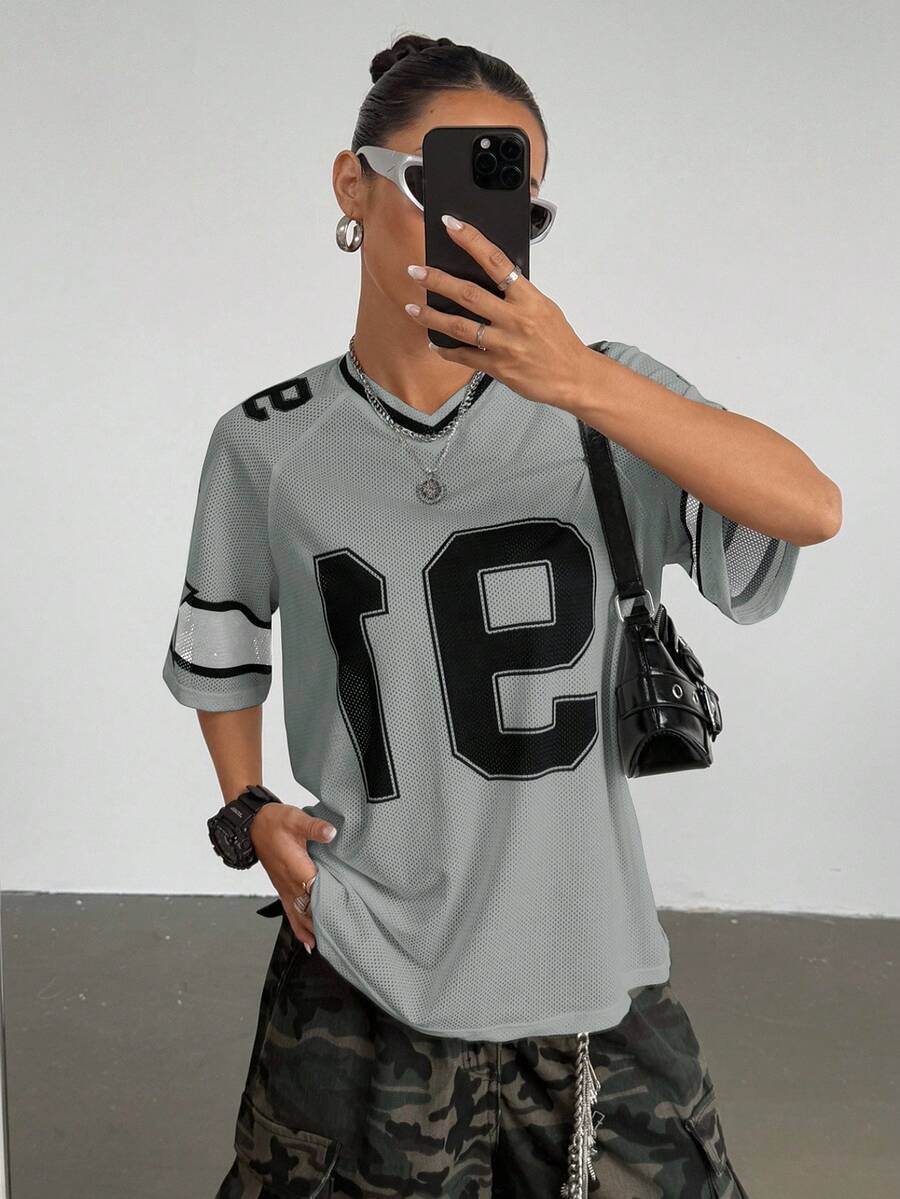 Flirla 女式数字印花短袖网眼拼色宽松运动 T 恤，春夏图案 T 恤女式上衣