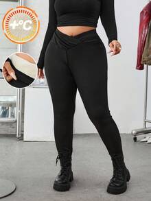 SHEIN EZwear 2 Stück/Set Fitness Sport Leggings mit hoher Taille und Kreuzgurt, thermisch gefüttert, Lässig & Große Größen, Schwarz & Grau, thermisch gefütterte Leggings für Herbst/Winter, Leggings in Große Größen, thermisch gefütterte Leggings in Große Größen - Schwarz - Übersicht 1