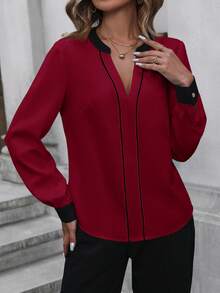 SHEIN Clasi Women's Fashion Casual Contrast Trim Notched Neck Blouse Red Top - Burgundy - View 4