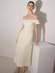 Poshira Váy dài vừa phải, hở một bên vai thanh lịch thời trang dành cho nữ - Màu be - Xem 6