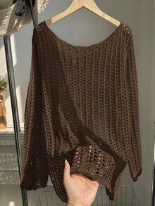 Comfortcana Plus Size Casual Solid Color Hollow Out Mesh Knit Sweater Winter Fall Autumn