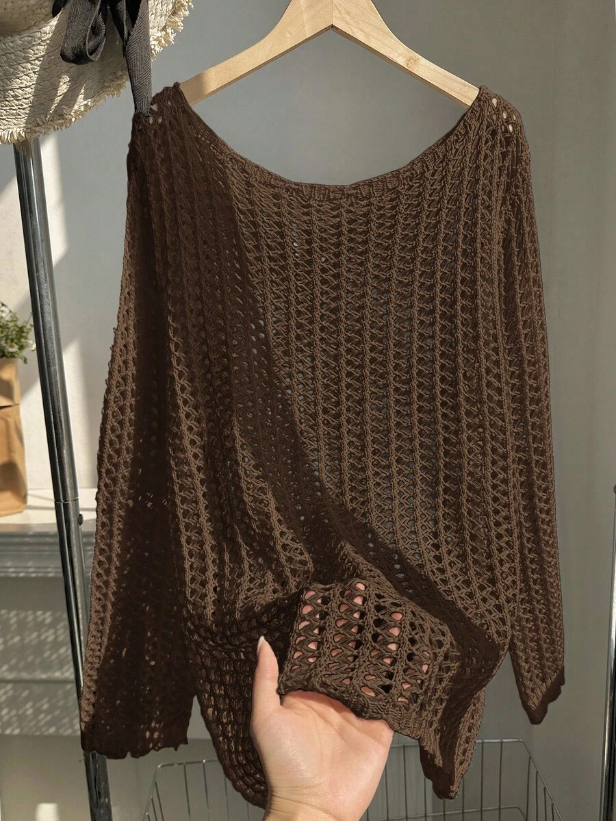 Comfortcana Plus Size Casual Solid Color Hollow Out Mesh Knit Sweater Winter Fall Autumn