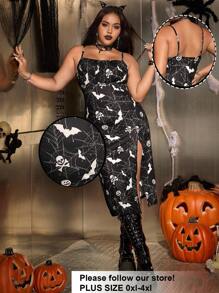 SHEIN EZwear Plus Size High Slit Bat Print Spaghetti Strap Dress, For Halloween Party  Halloween Clothes - Black and White - View 3