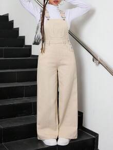 SHEIN Overoles sueltos de mezclilla color albaricoque para ropa de adolescente, diseño de etiqueta con estilo callejero vintage y retro Y2K para ropa casual y de uso diario, así como atuendos de rave y festivales para adolescentes en invierno y otoño - Albaricoque - Ver 4