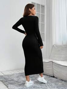 SHEIN PETITE 纯色罗纹针织修身黑色连衣裙 - 黑色 - 查看 2