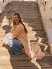 Aralina Winter Long Sleeved Ruffled Front Full Length Maxi Boho Cardigan Dress - Coral Pink - View 1